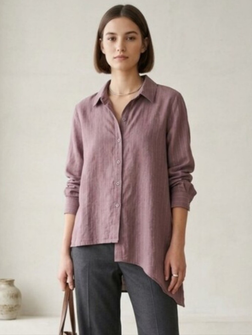 Lisa Bayne Linen Long Sleve Button Down Asymmetrical Lagenlook Blouse Size Large
